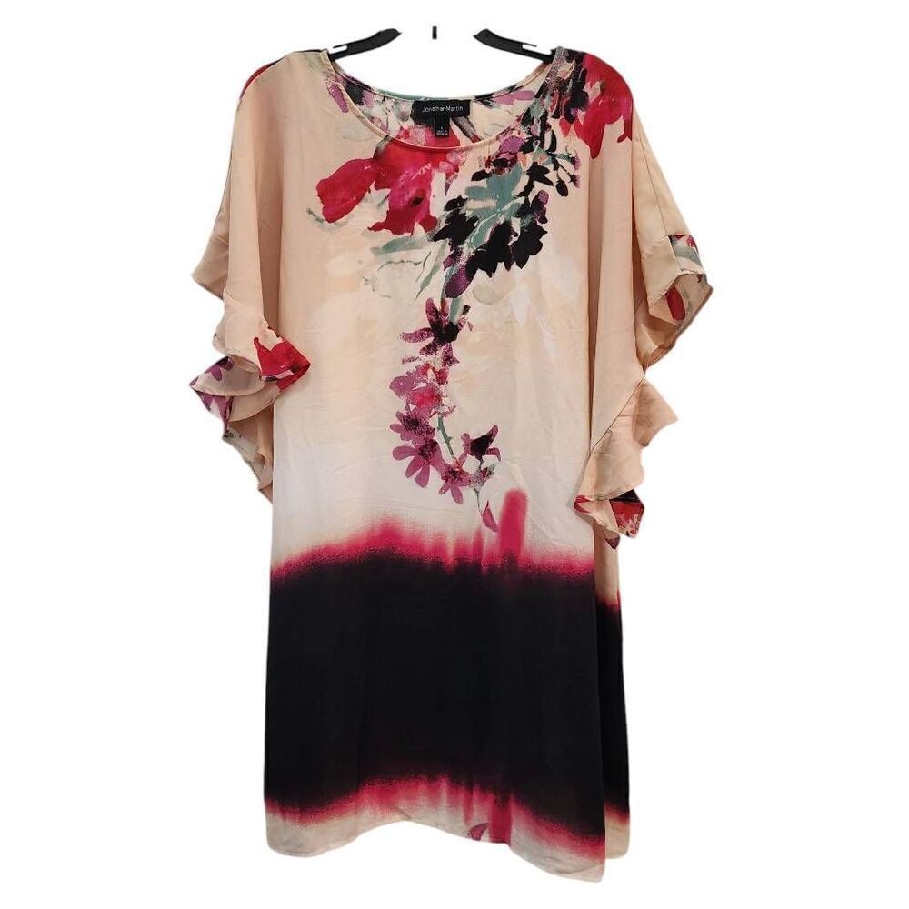 Jonathan Martin dress ruffle‎ sleeve floral ombre pink black Size Large